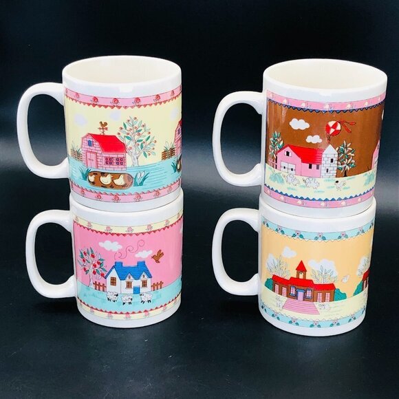 80s Country Cottage Stoneware Coffee Mugs Set of 4 Teachercore Drinkware - Picture 3 of 10